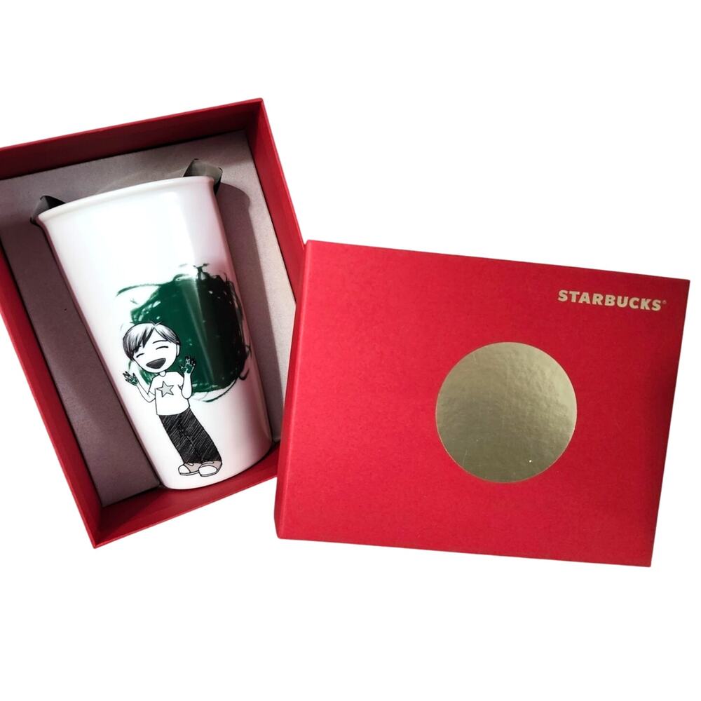 NEW Box Starbucks Limited Ceramic Travel Mug 12Oz Kid's Finger Paint Lid 2015